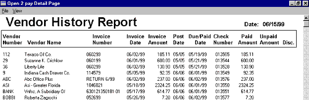 Vendor History Report